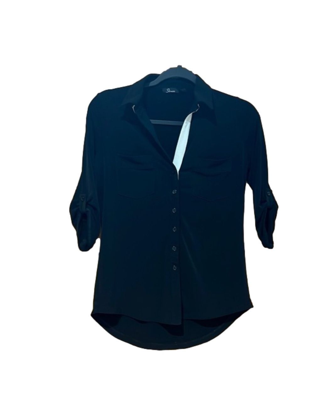 Strazzi Black Button Down V Neck Three Quarter Sleeve Shirt Small